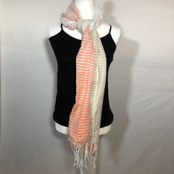 Sheer Salmon and Cream Stripe Fringe Scarf - Picture 2 of 4